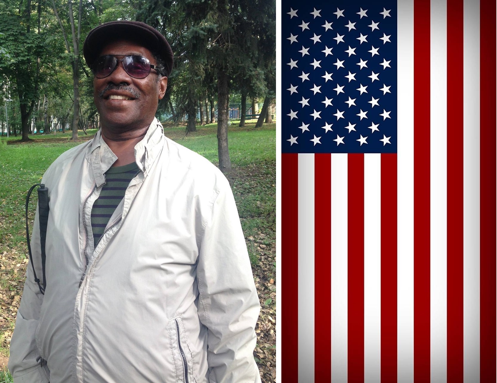 Johnnie Johnson in the park, with a photo of vertical U S flag next to him